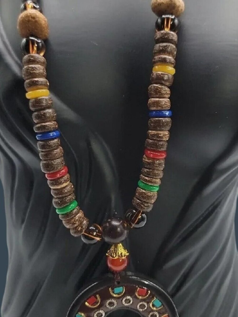 Unisex Nepal Buddhist Mala Wood Bead Pendant Necklace 30" Large Amulet Bohemian
